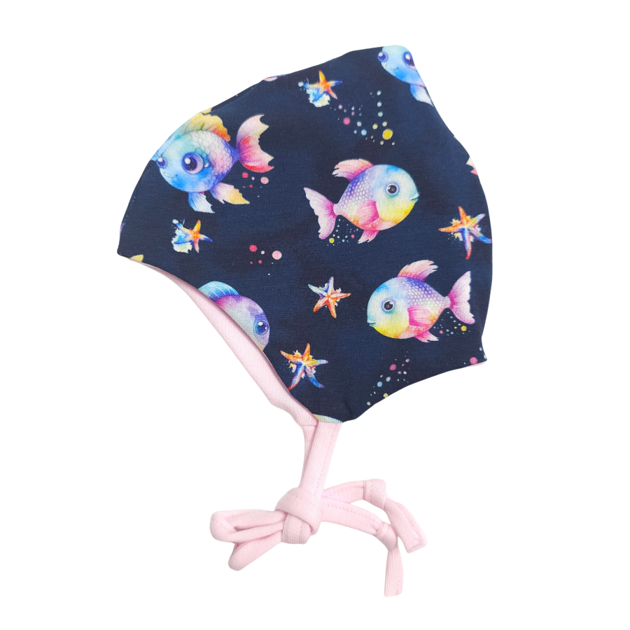 Bindemütze Bunte Fische dunkel (innen rosa)